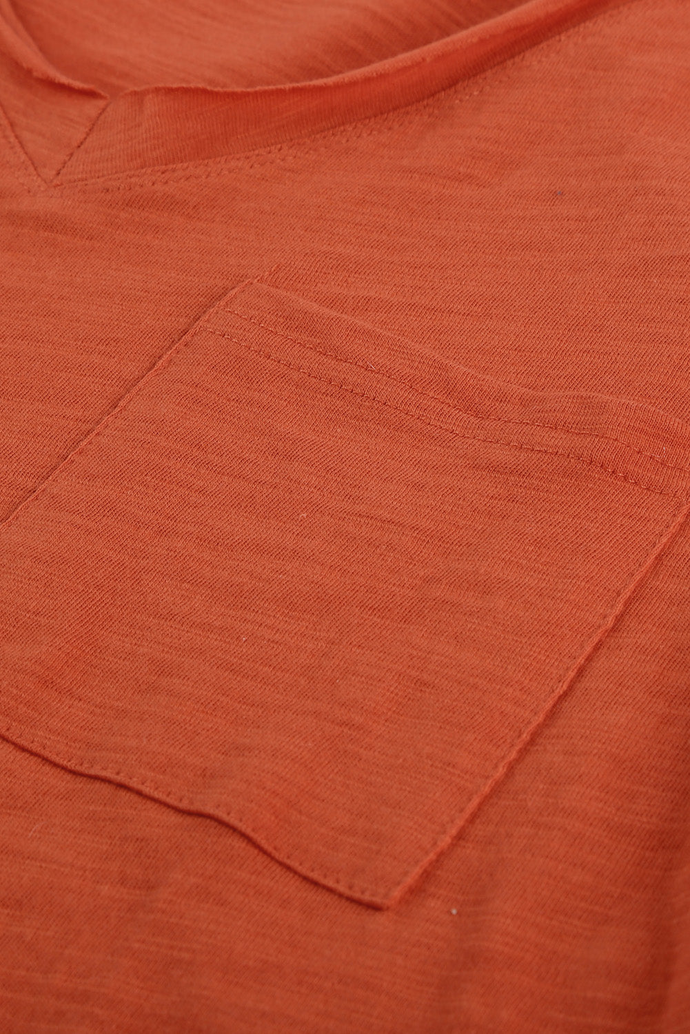 Orange V Neck Short Sleeves Cotton Blend Tee with Front Pocket and Side Slits