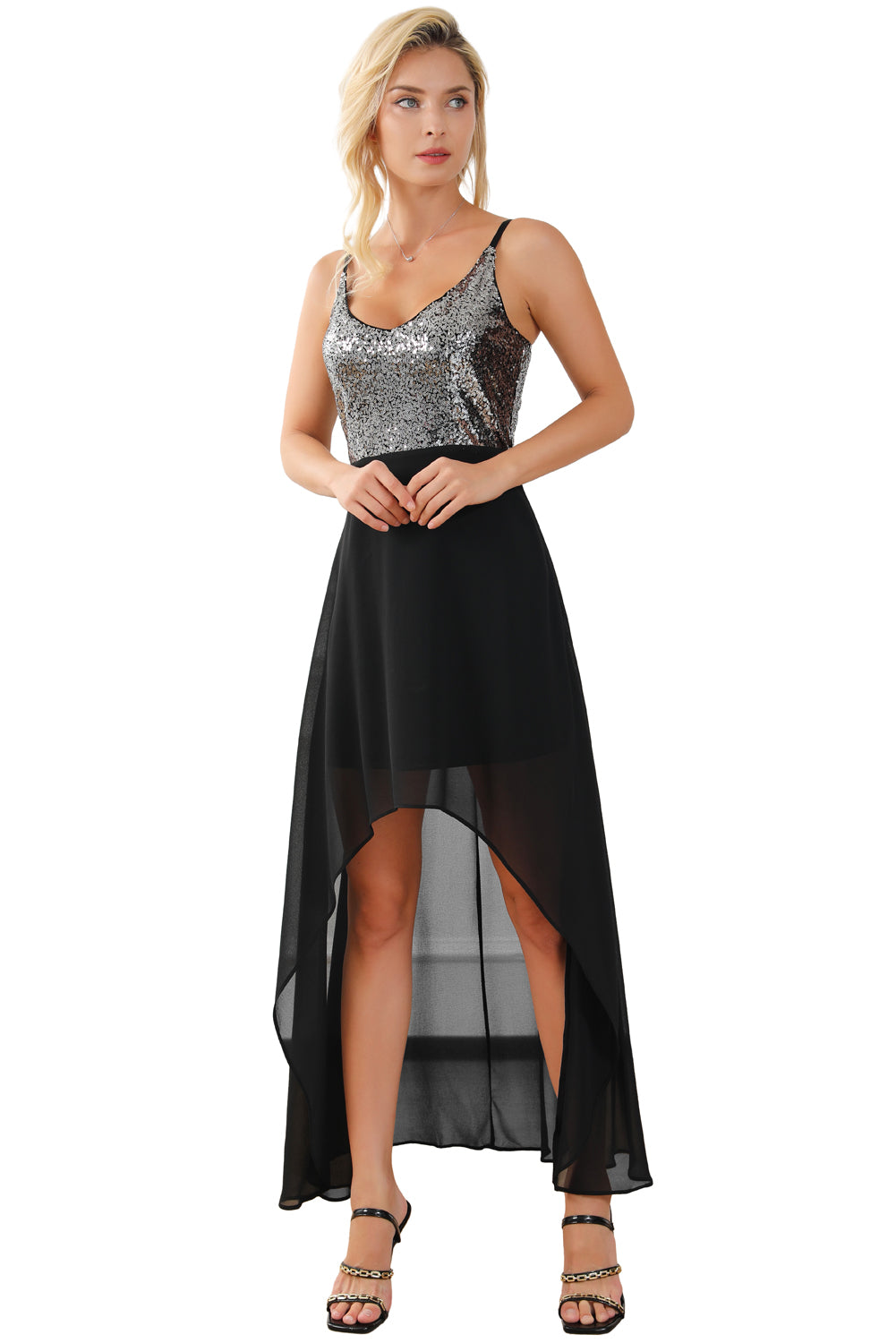 Black Flowy Chiffon Ruffle Contrast Sequin Dress