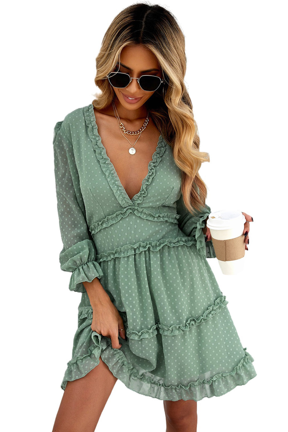 Green Layered Ruffled Open Back Puff Sleeve Swiss Dot Mini Dress