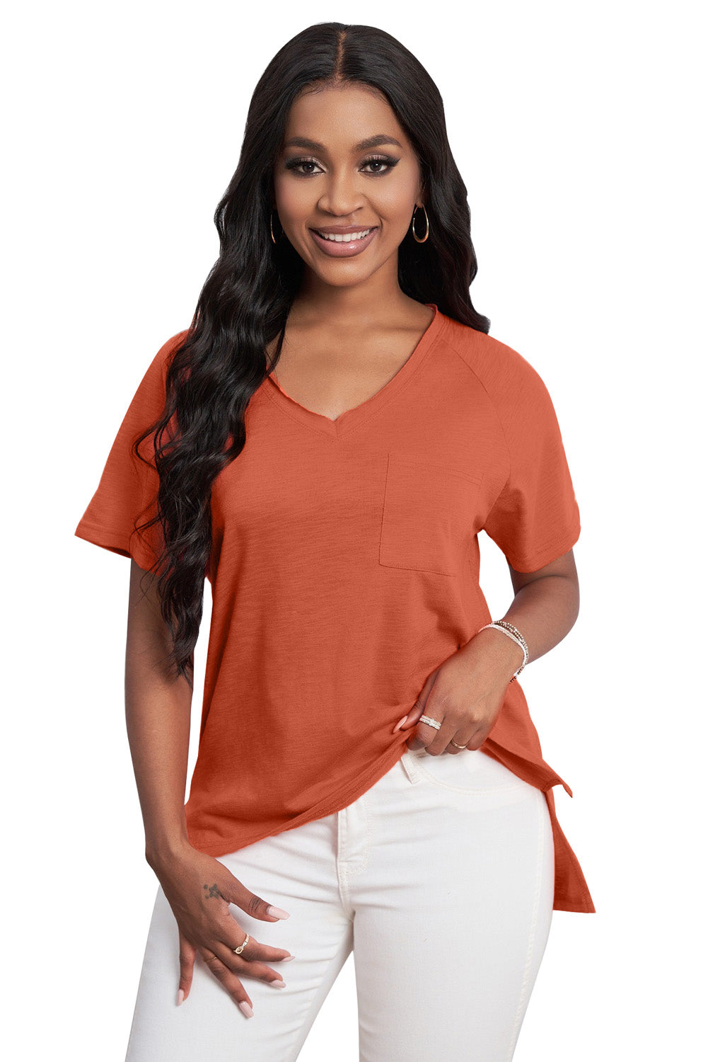 Orange V Neck Short Sleeves Cotton Blend Tee with Front Pocket and Side Slits