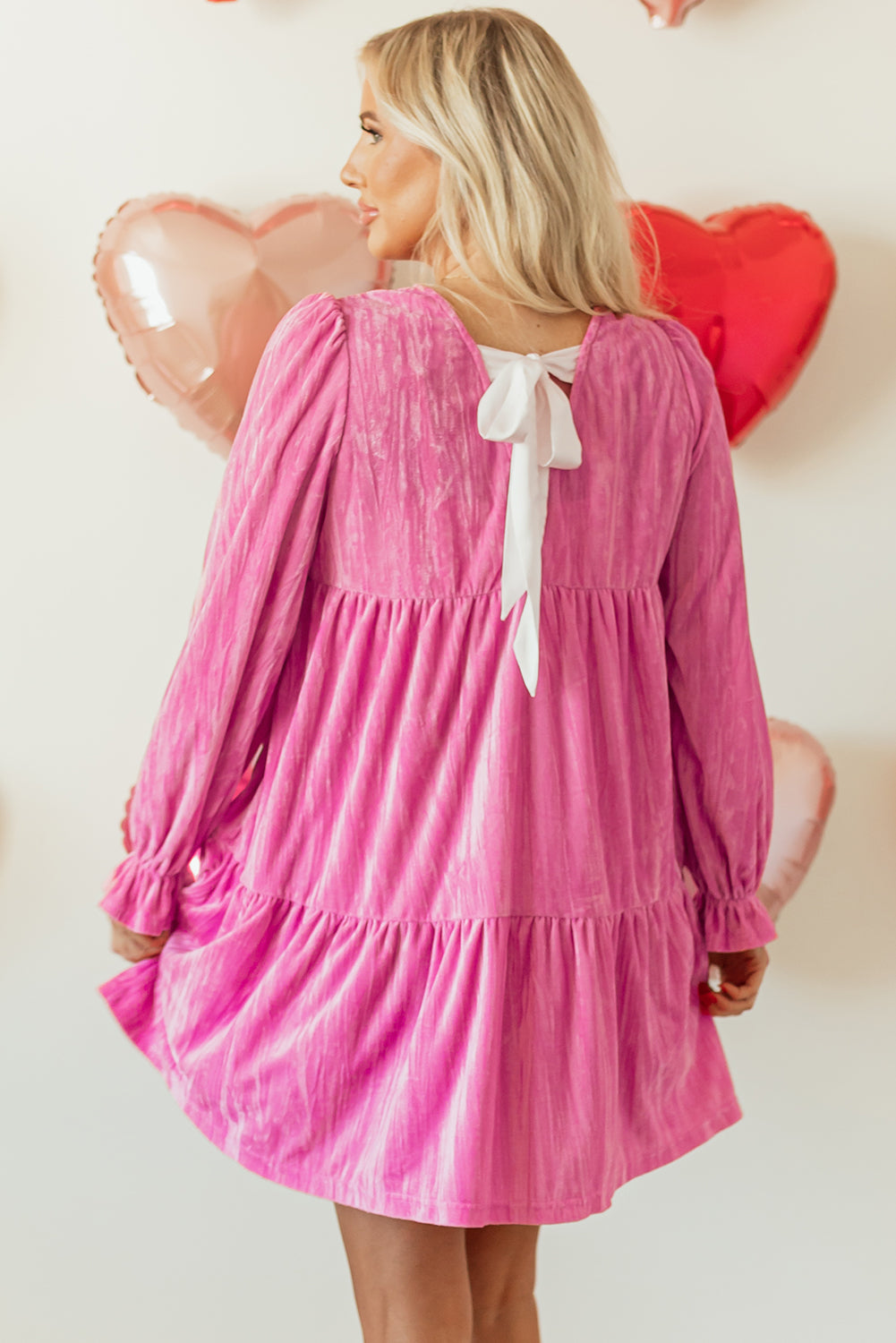 Strawberry Pink Flounce Sleeve Tiered Ruffled Velvet Mini Dress