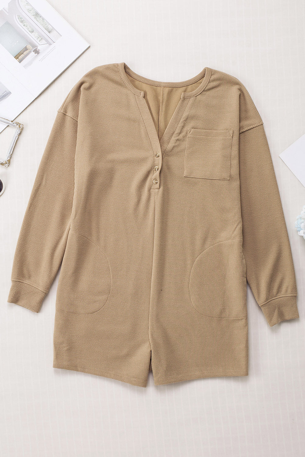 Khaki Brushed Ribbed Button Split V Neck Long Sleeve Romper