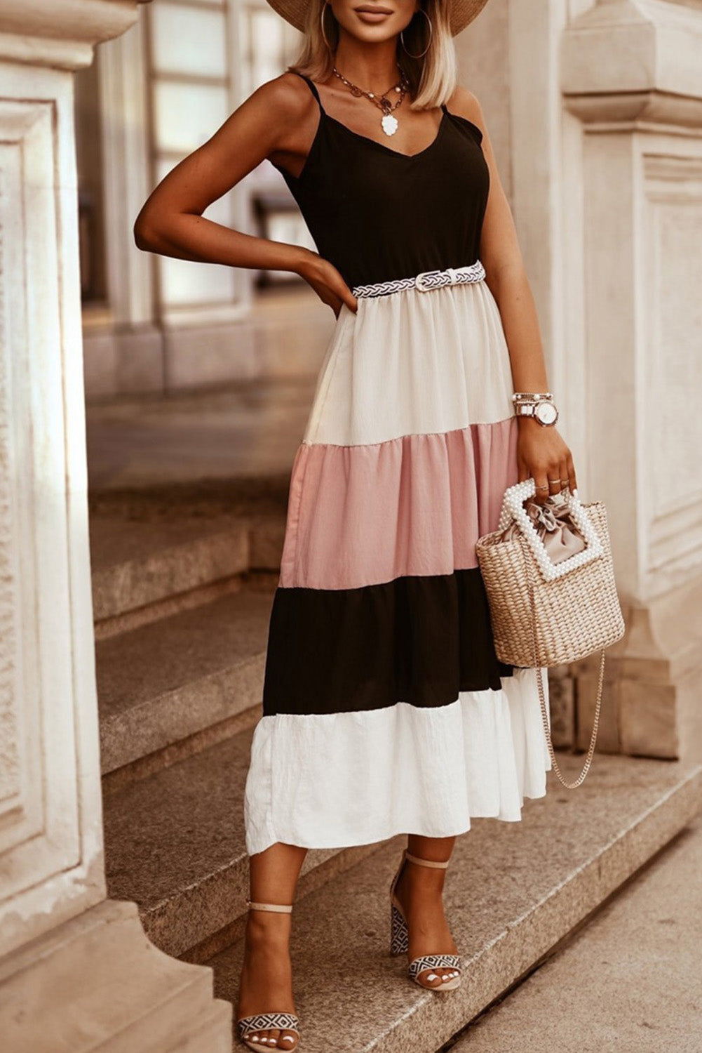 Black Color Block Sleeveless V Neck Long Dress