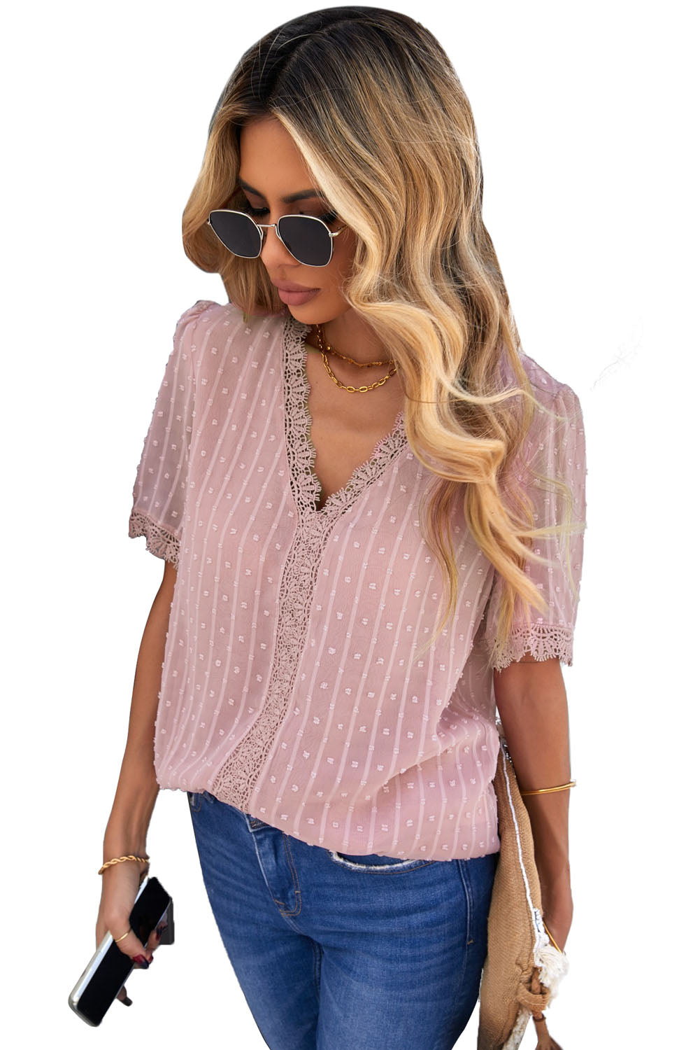 Pink Lace Splicing V-Neck Swiss Dot Short Sleeve Top