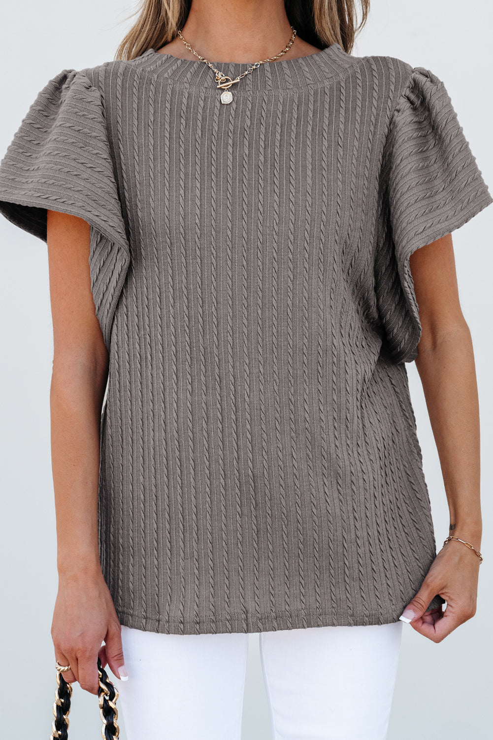 Sleet Solid Color Textured Flutter Sleeve Top