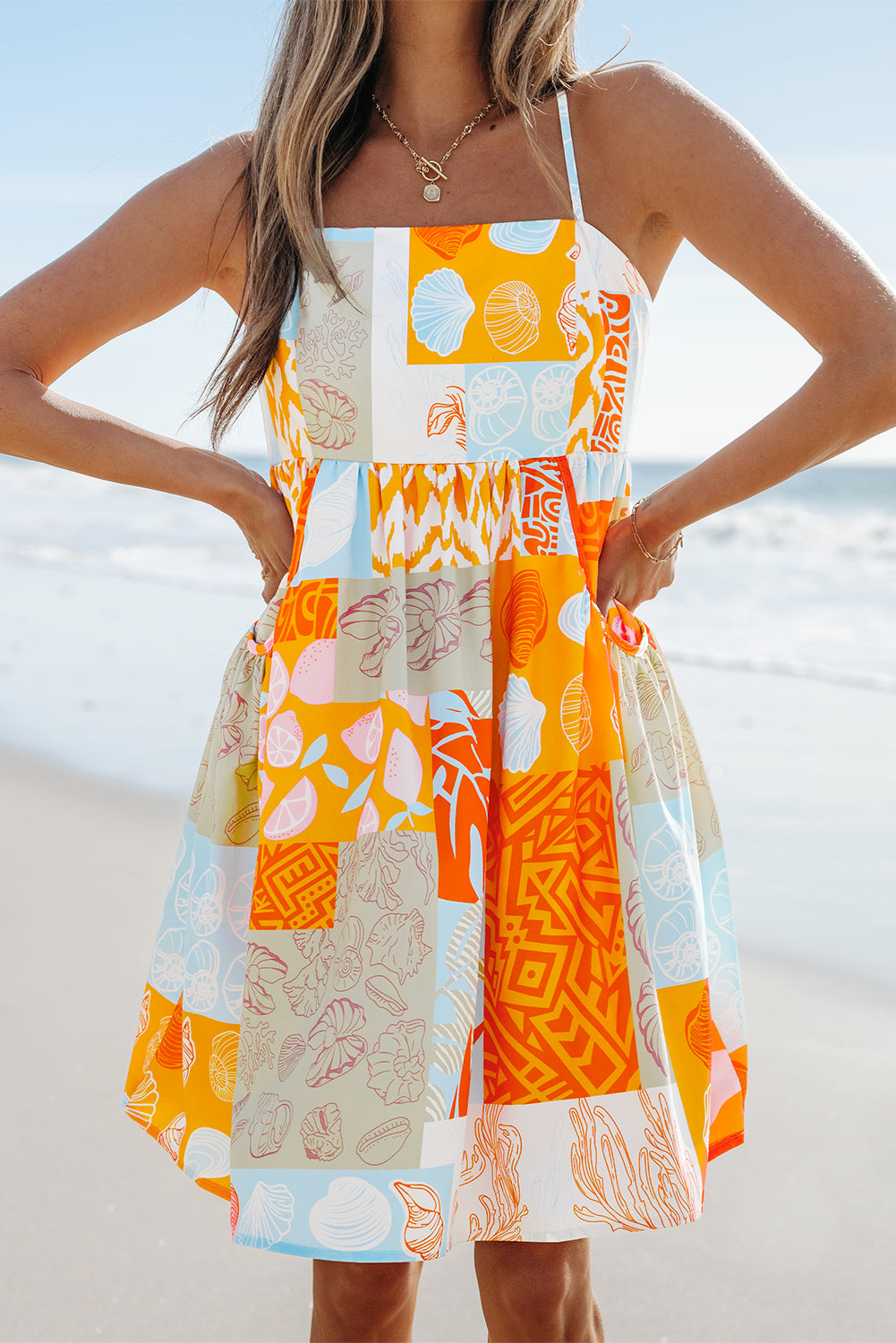 Orange Seashell Patchwork Print Self-tie Flowy Sundress