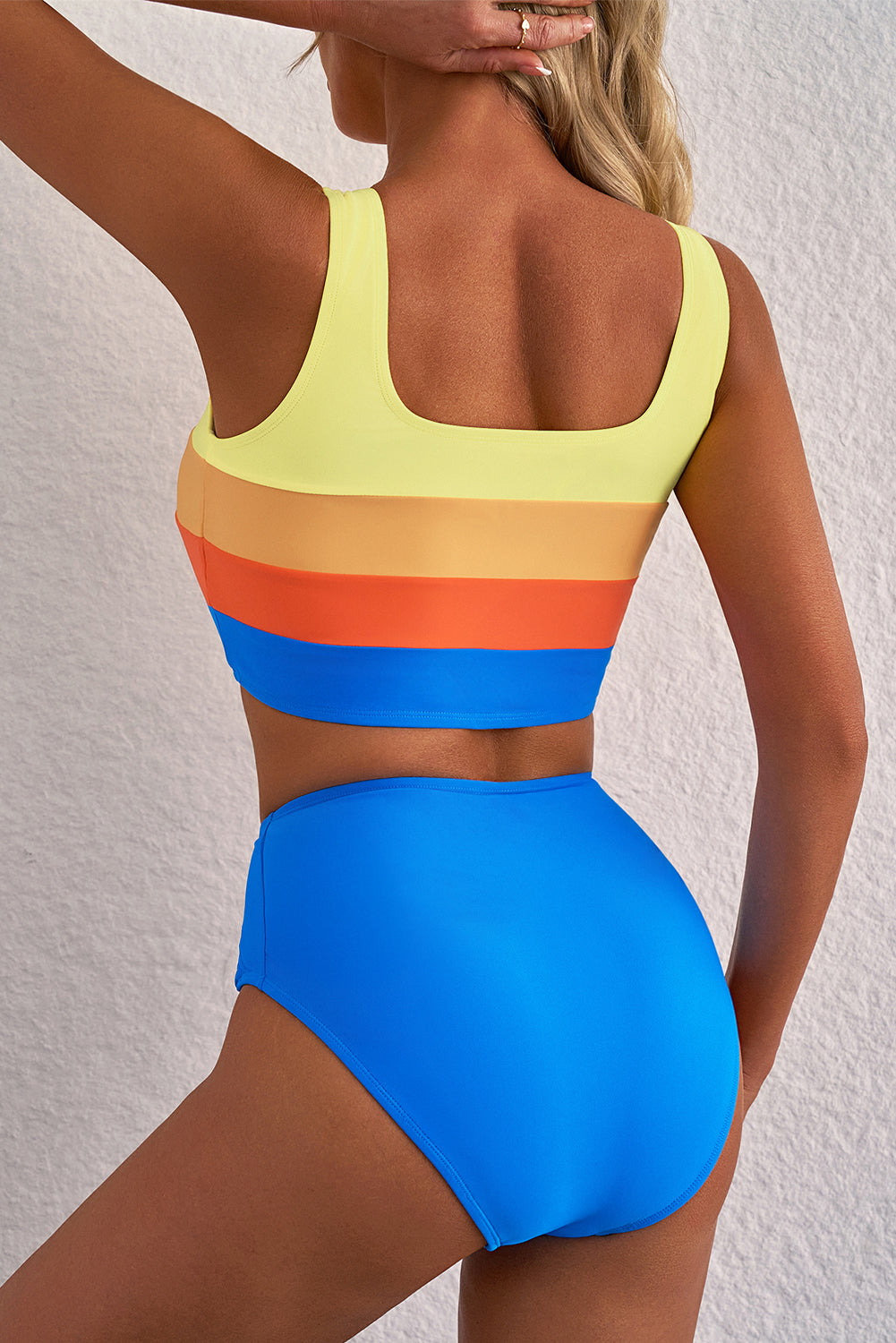 Blue Colorblock Square Neck Pleated High Waisted Bikini