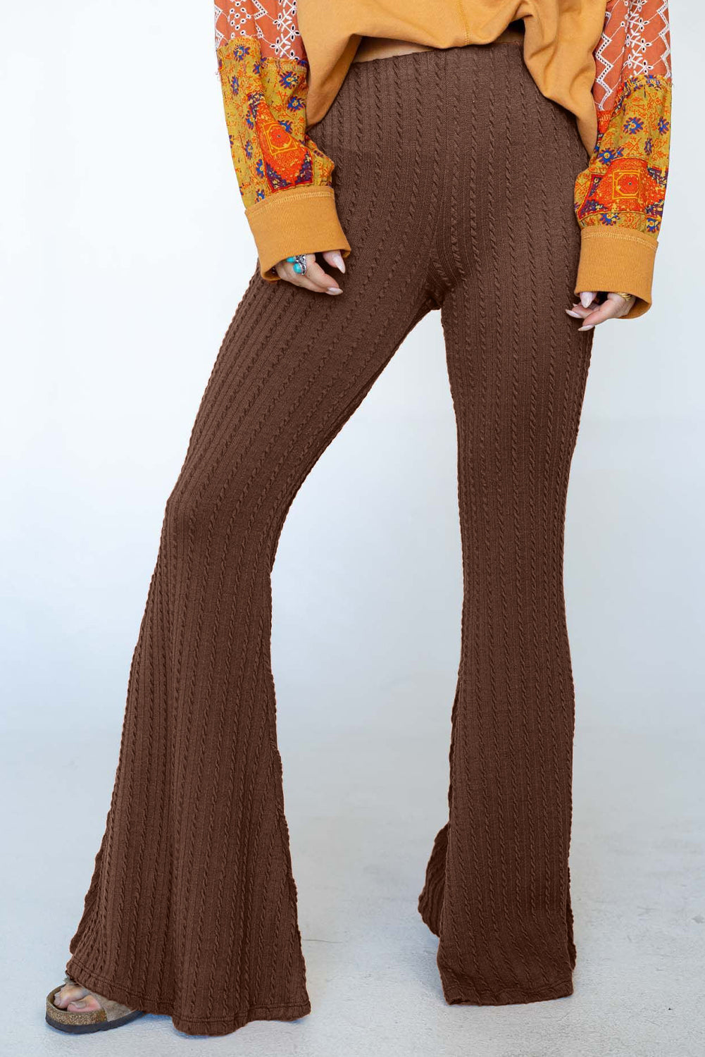 Coffee Textured Knit Mid Waist Flare Pants