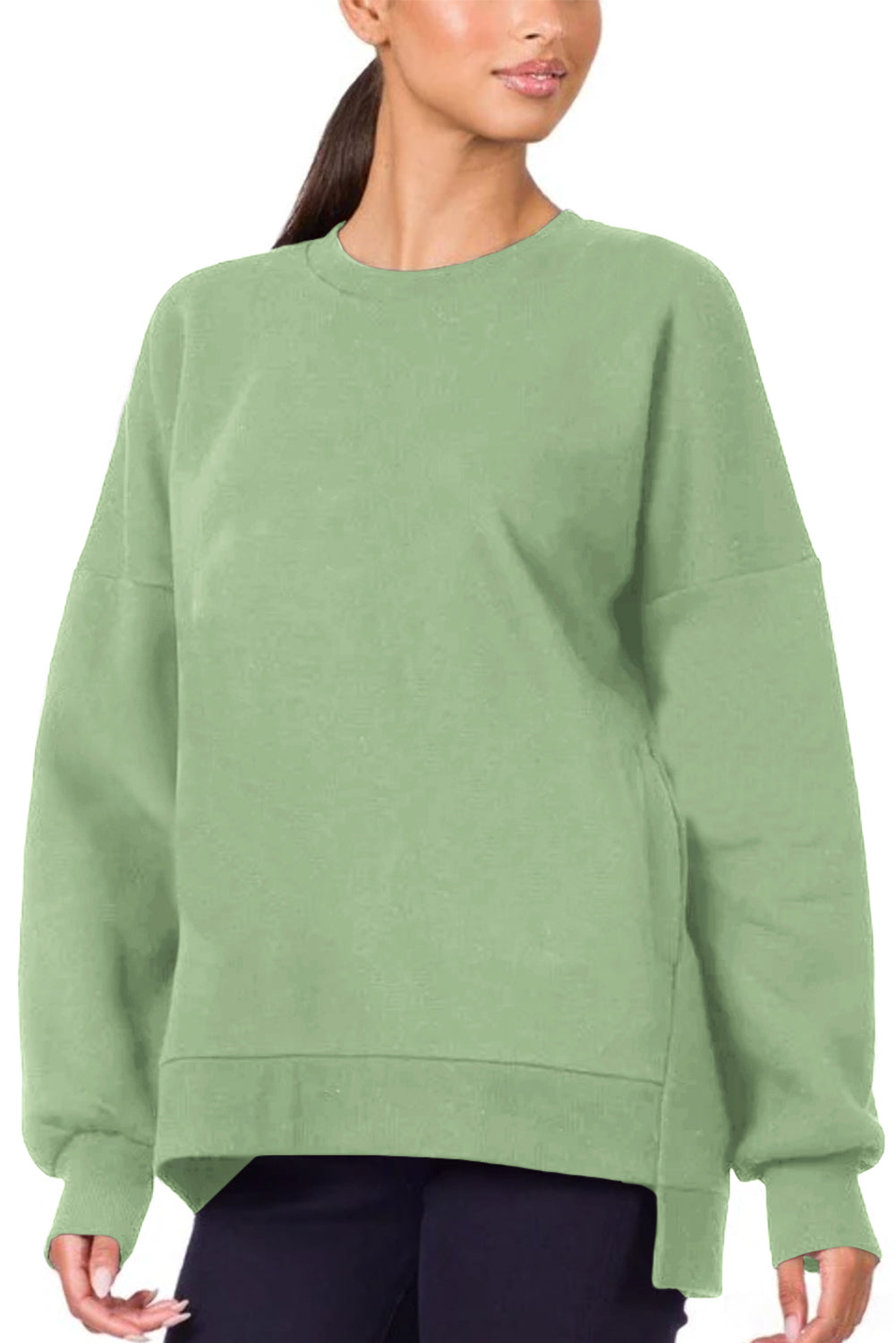 Grass Green Solid Fleece Lined Drop Shoulder High Low Sweatshirt