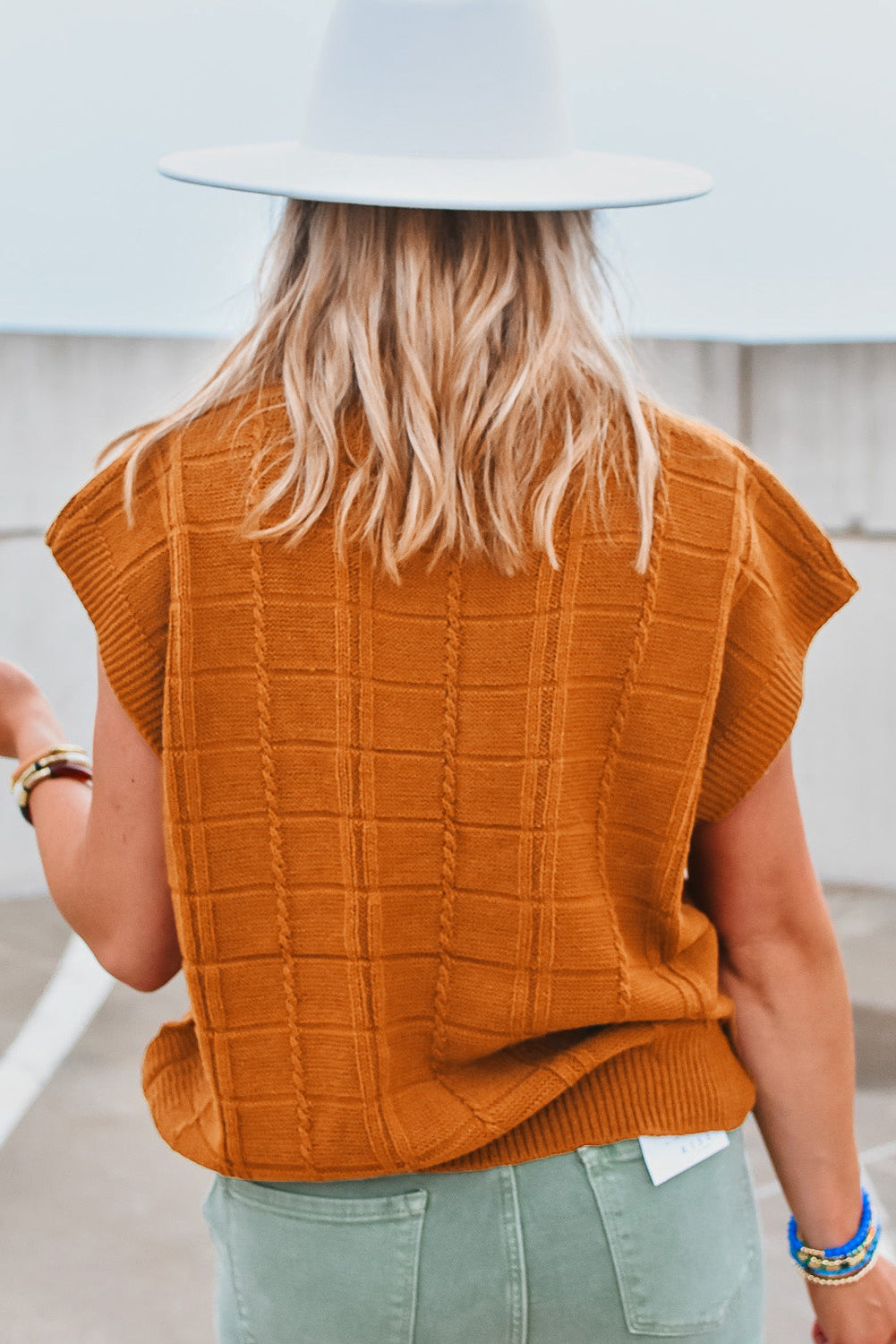 Chestnut Grid Textured Short Sleeve Sweater