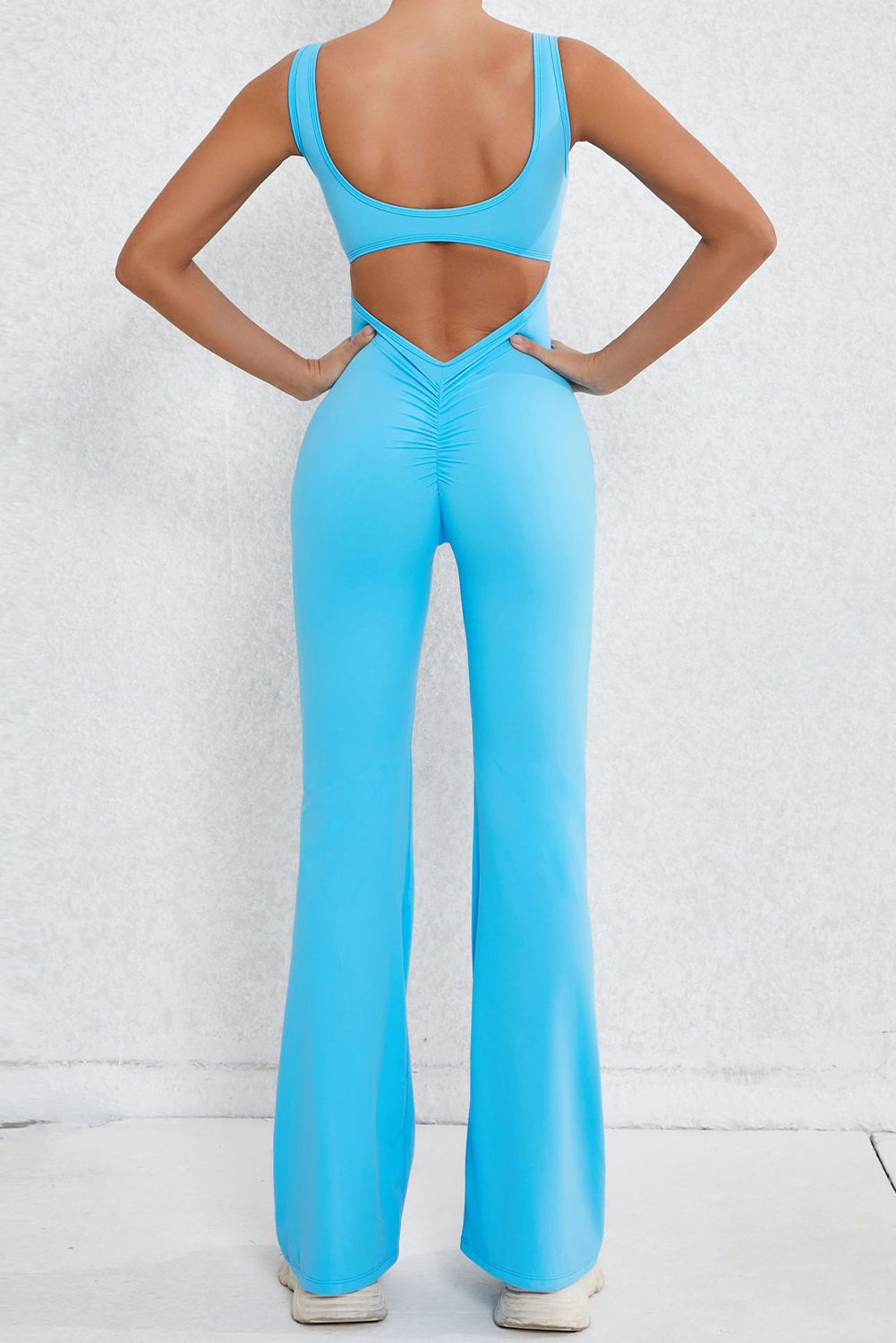 Sky Blue Solid Cut Out Backless Wide Leg Yoga Jumpsuit