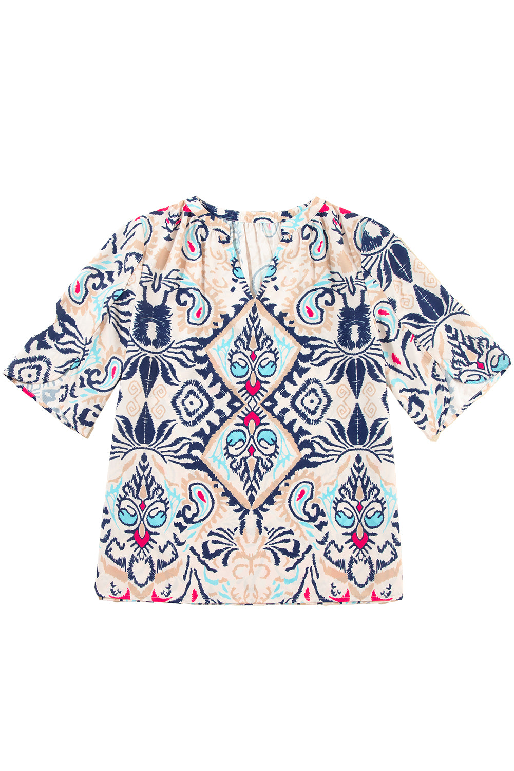 White Abstract Printed Notched V Neck Split Half Sleeve Blouse