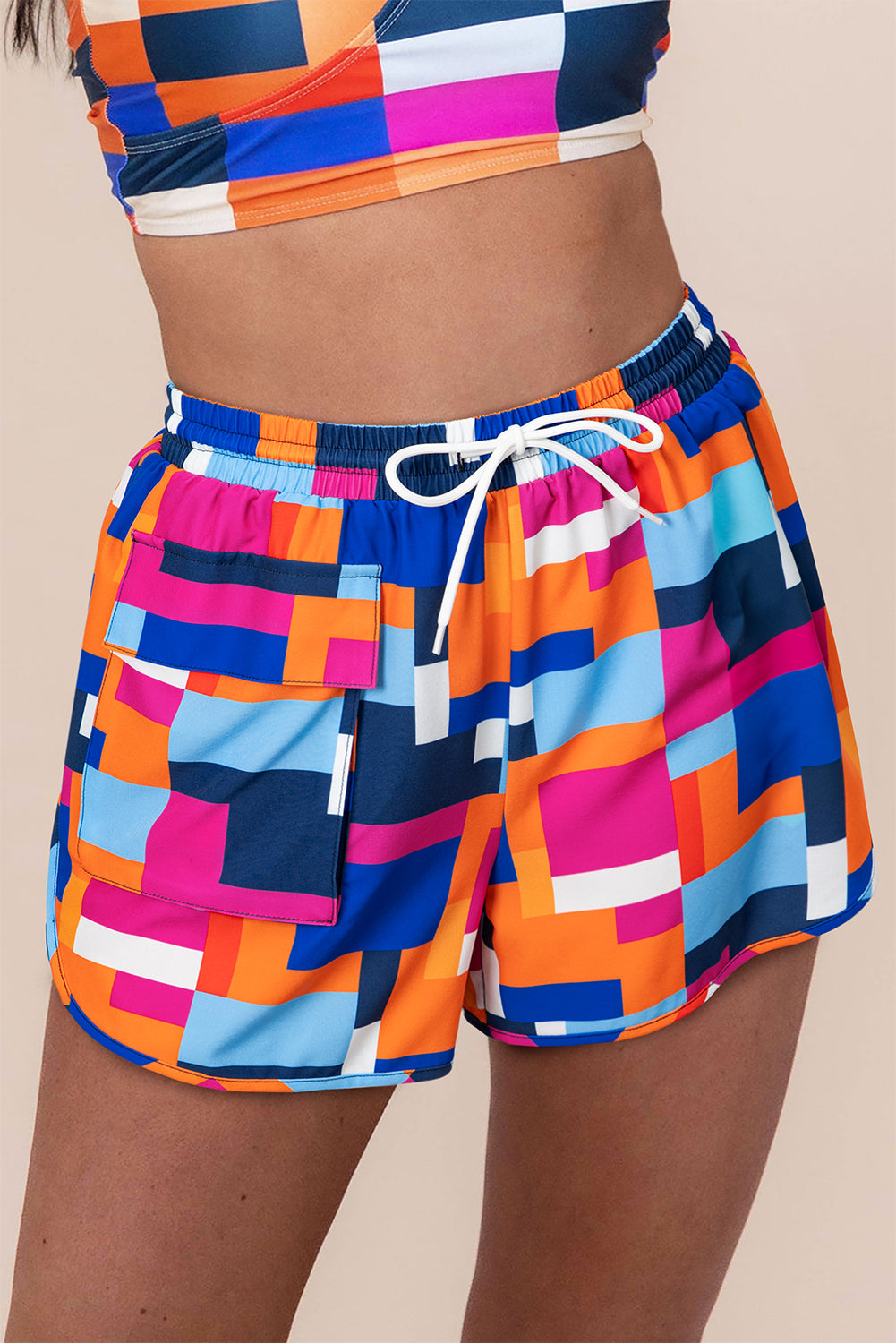 Rose Geometric Printed Drawstring Waist Beach Shorts with Pockets