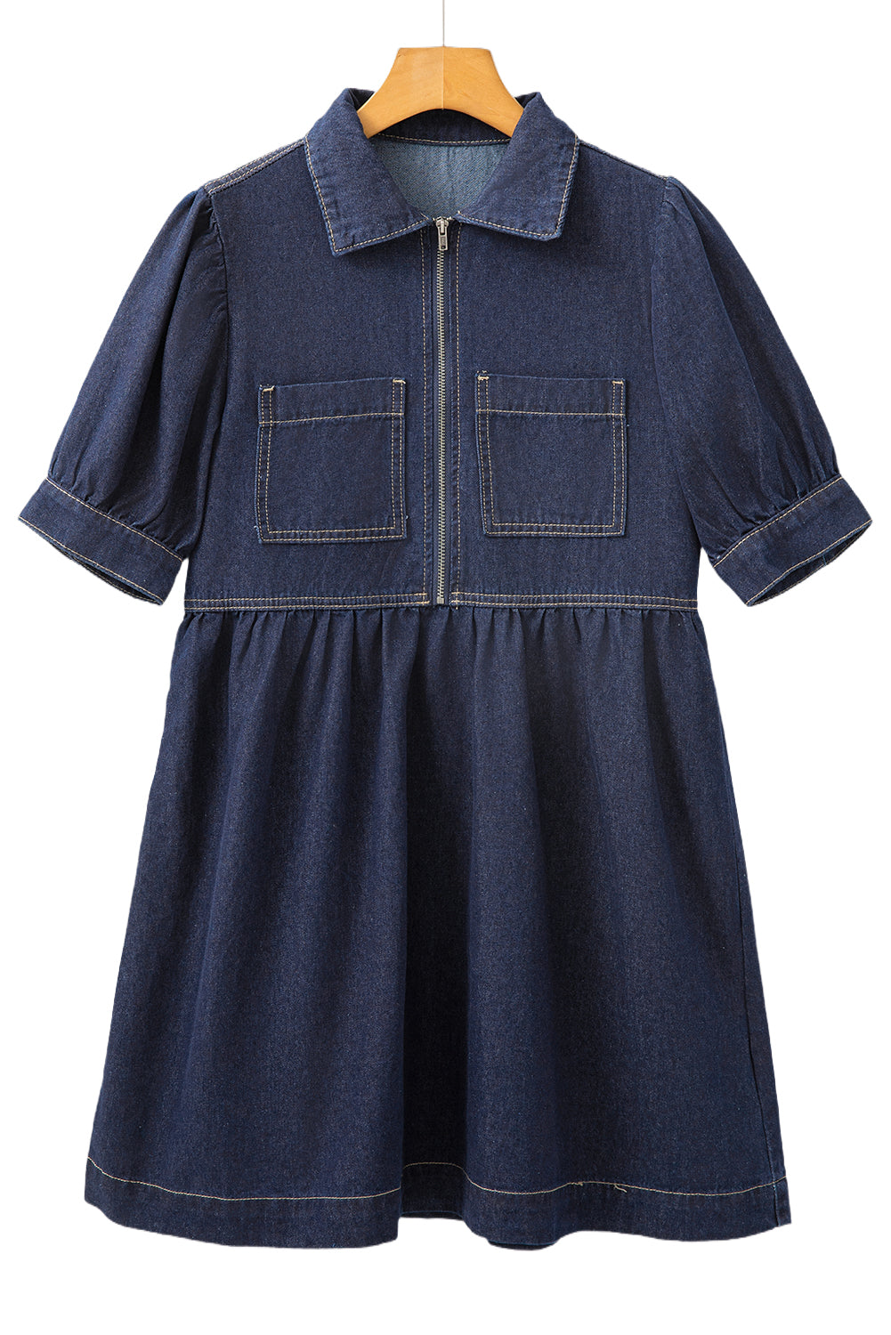 Dirty blue Zipped up Bodice Collared Short Puff Sleeve Denim Dress