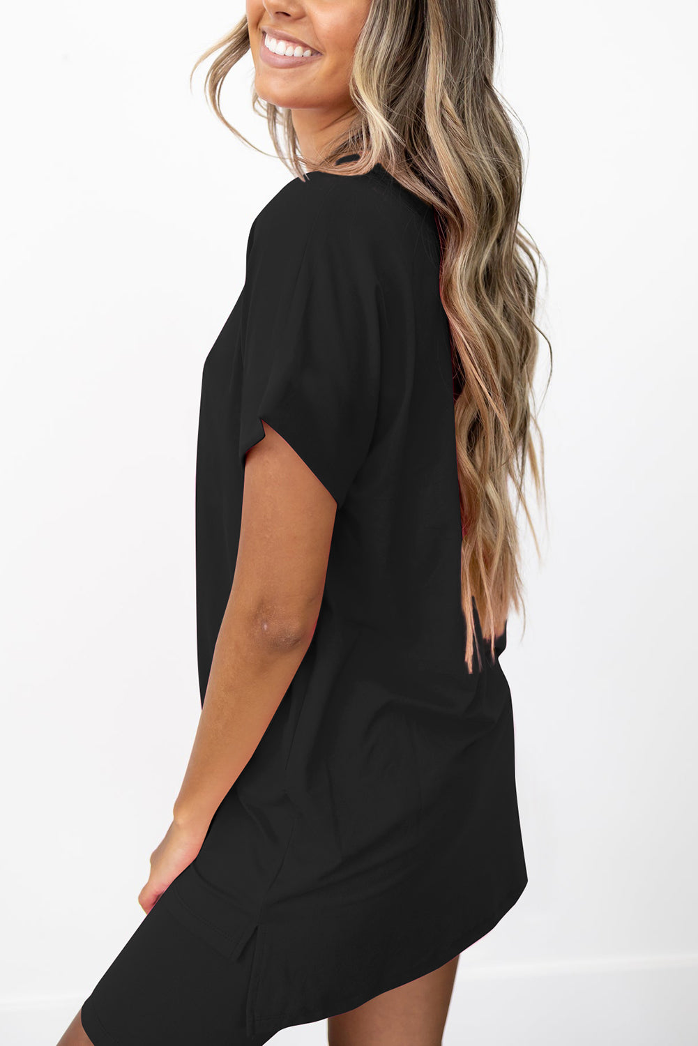 Black Solid Split Hem Tunic Tee and Tight Shorts Set