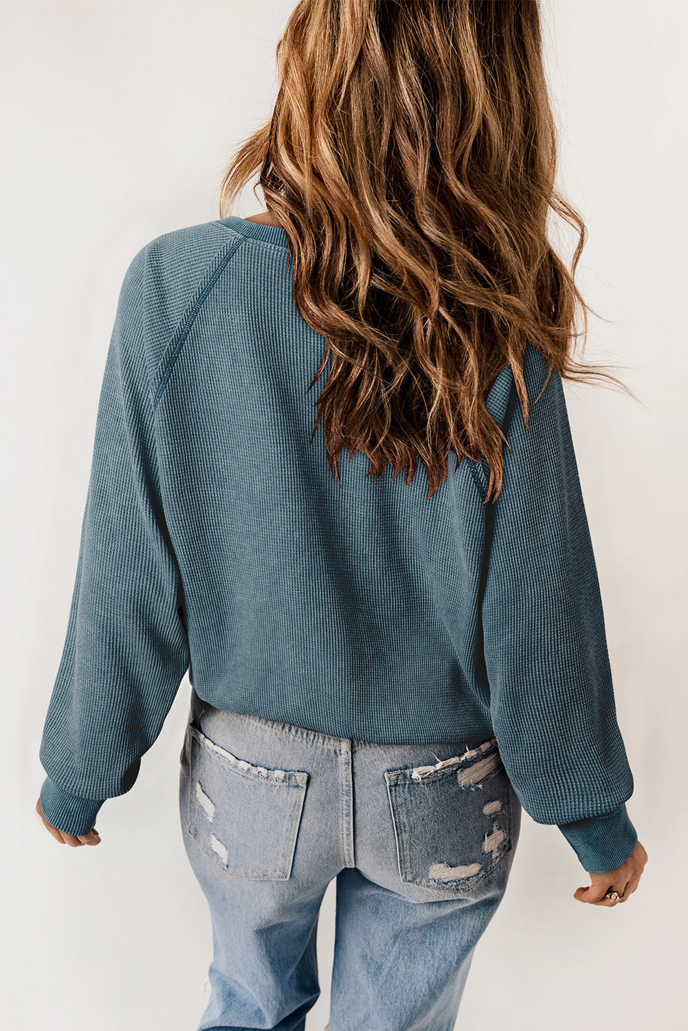 Sea Green Waffle Knit Raglan Sleeve Henley Sweatshirt