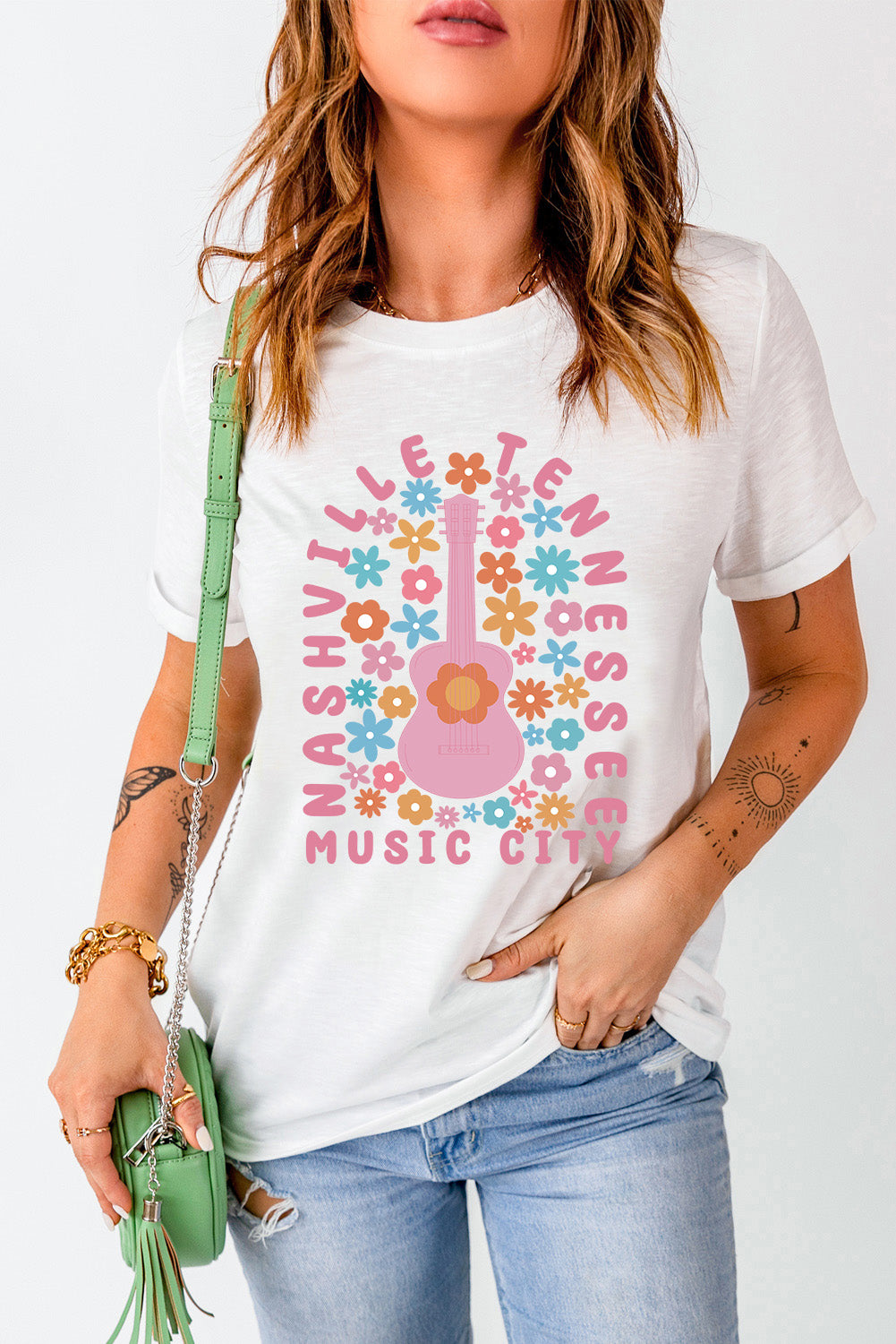 White Floral Guitar NASHVILLE Slogan Graphic T Shirt