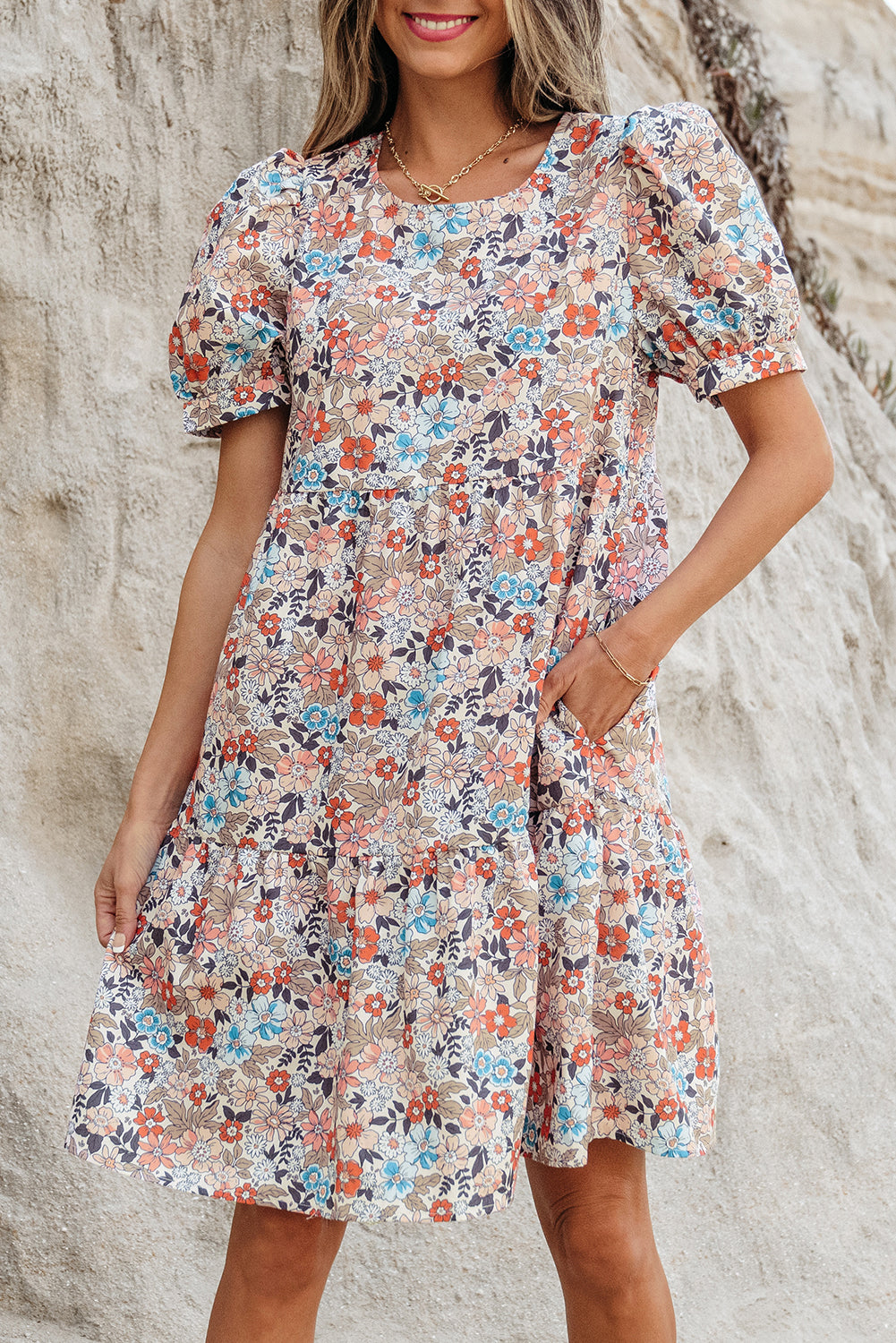 Apricot Bohemian Floral Print Short Puff Sleeve Mini Dress