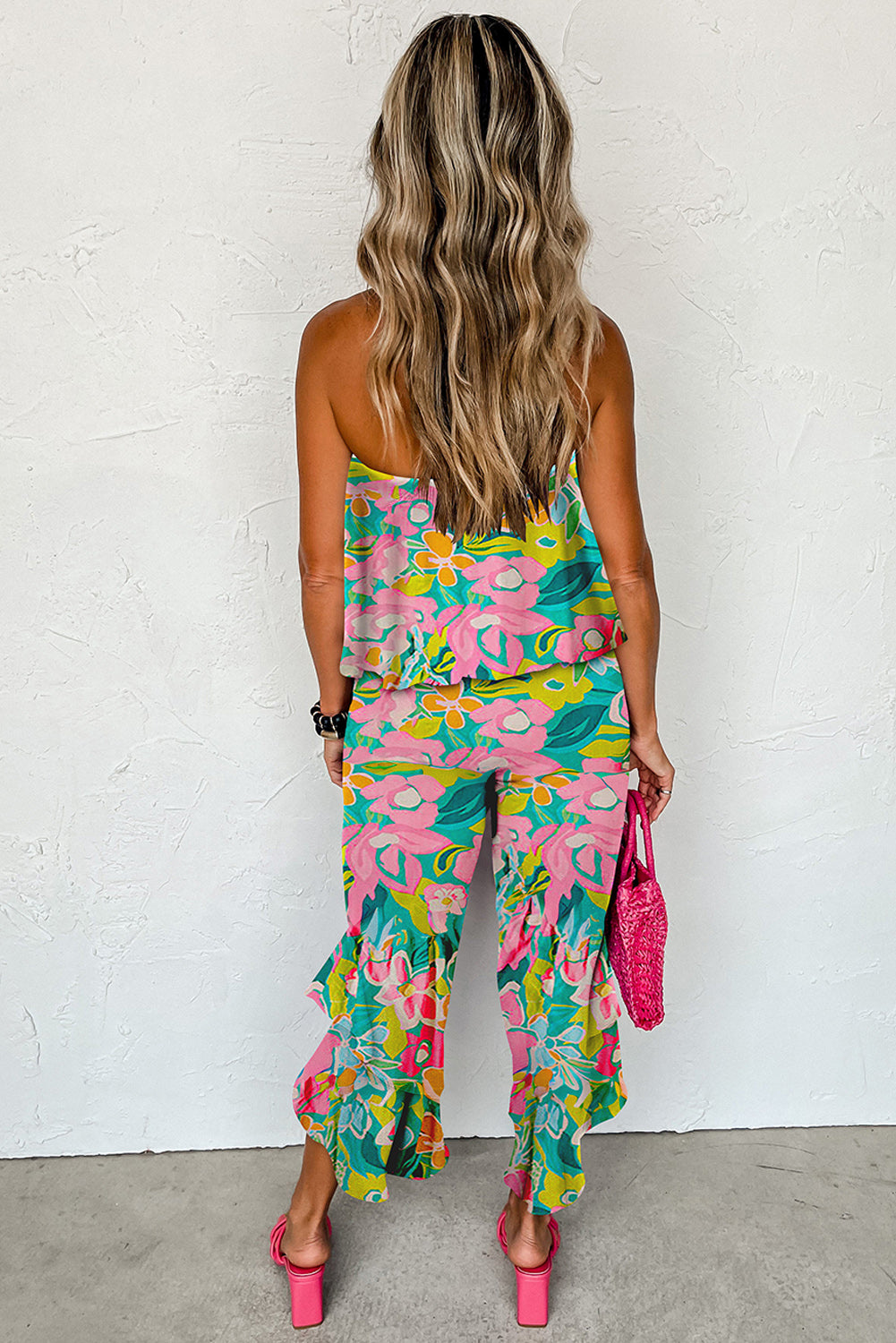 Green Mix Tropical Print Strapless Ruffled Jumpsuit