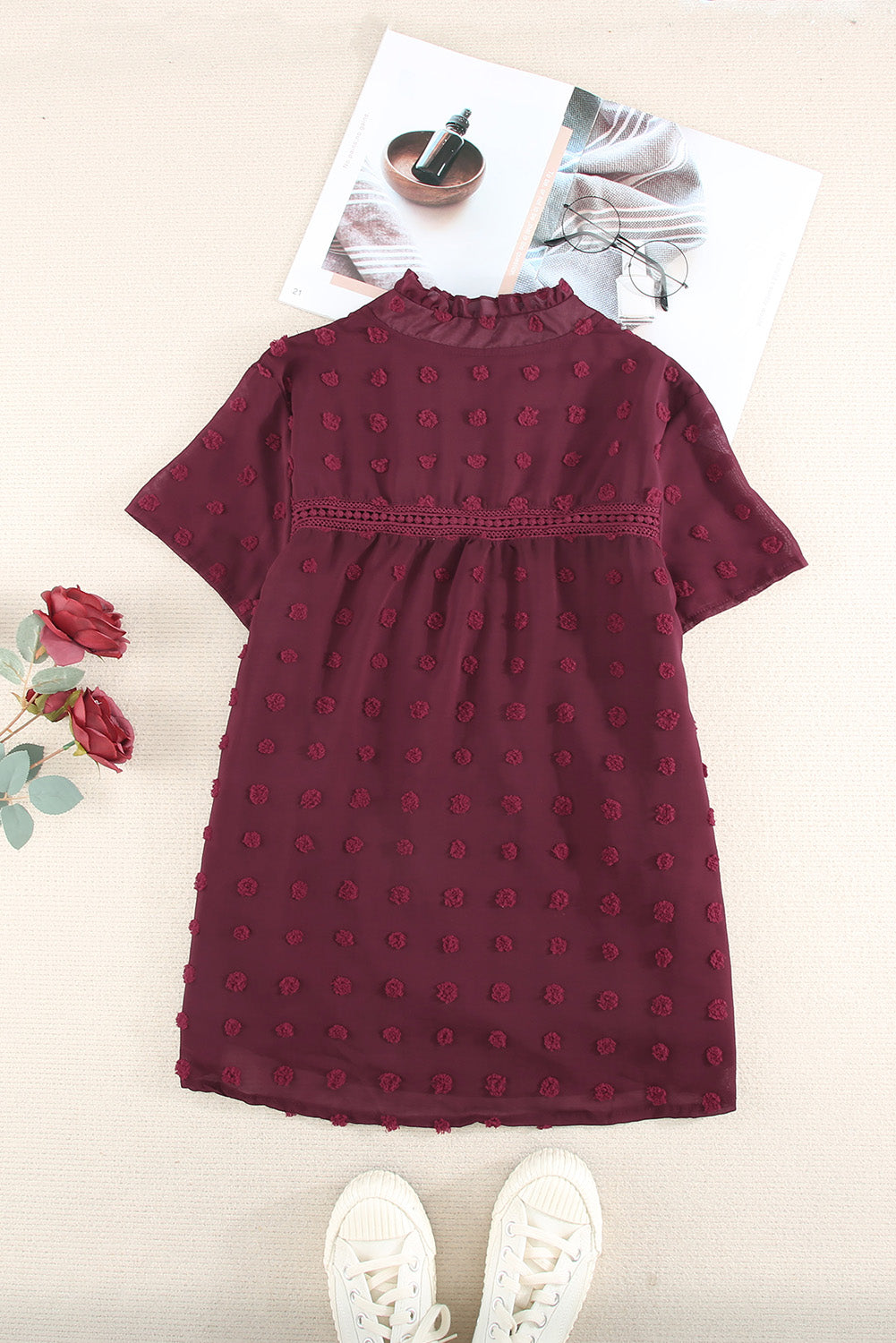 Burgundy Swiss Dot Short Sleeve Flowy Top