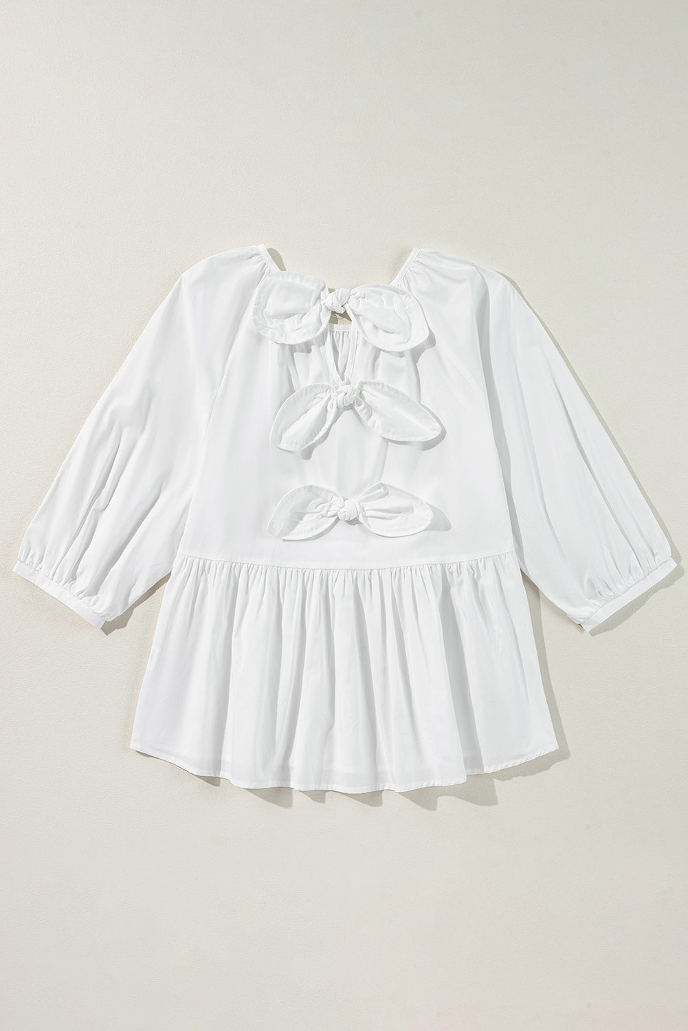 White Bow Knot Cutout Back Loose Fit 3/4 Sleeve Blouse