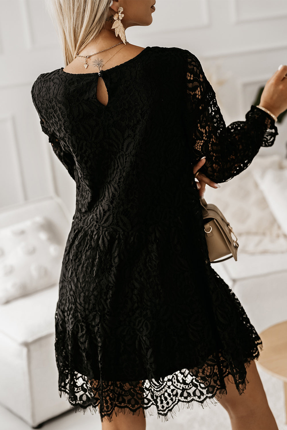 Black Lace Splicing Long Sleeve Mini Dress