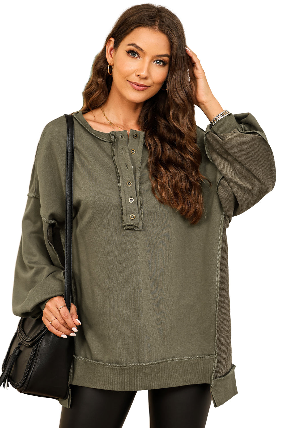 Green Oversized Exposed Seam Henley Sweatshirt