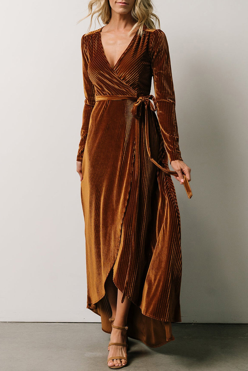 Chestnut Ribbed Velvet Wrap Long Sleeve Maxi Dress