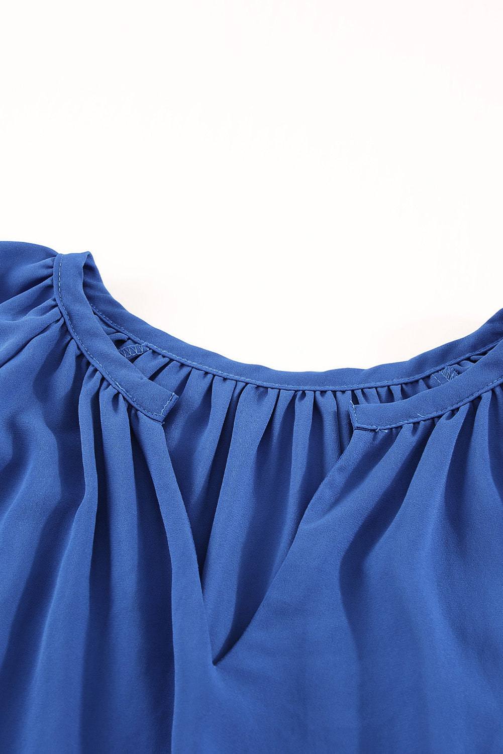 Blue Split Neck Pleated Loose Blouse