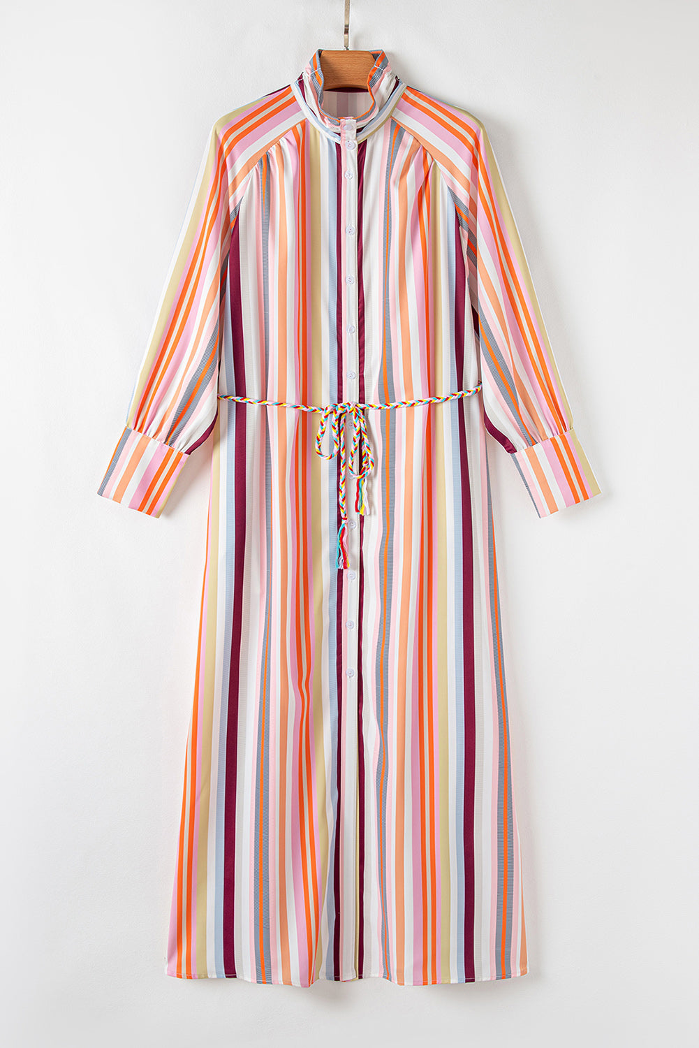 White Multicolor Striped Cuffed Sleeve Tassel Tied Shirt Maxi Dress