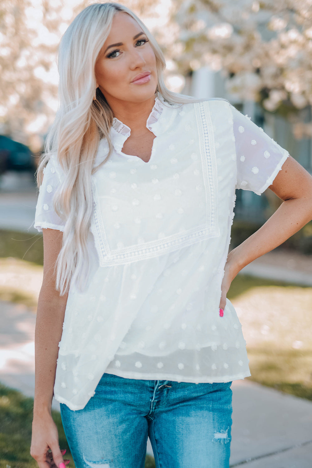 White Swiss Dot Short Sleeve Flowy Top