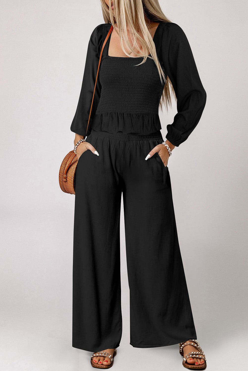 Black Square Neck Smocked Peplum Top and Pants Set