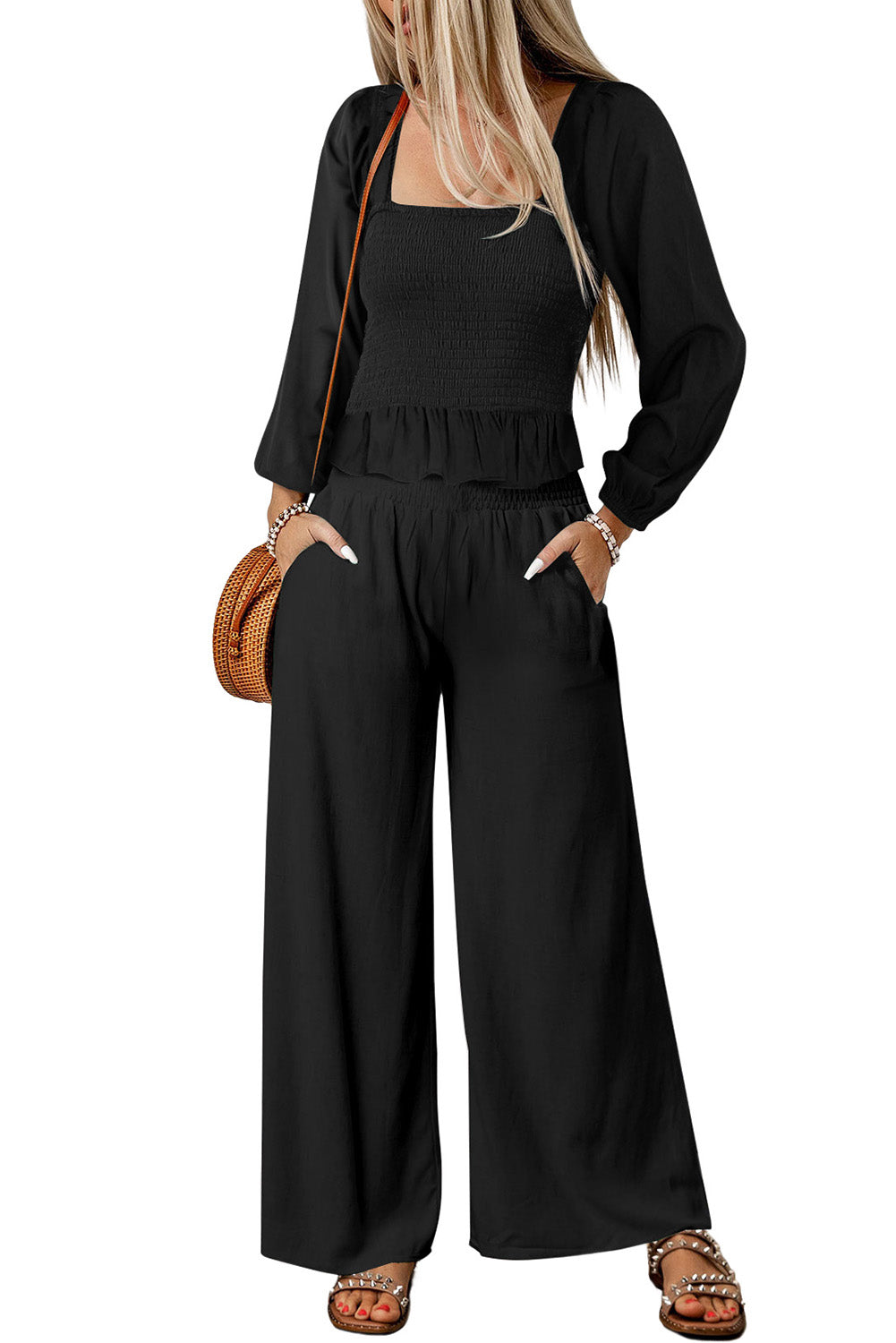 Black Square Neck Smocked Peplum Top and Pants Set