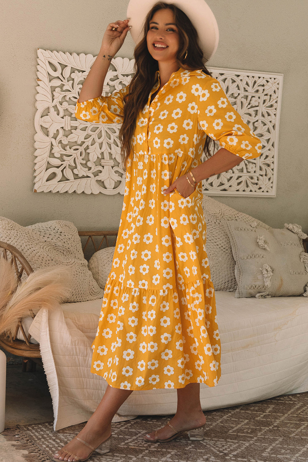 Yellow Flower Print Bracelet Sleeve Buttons Collared Maxi Dress