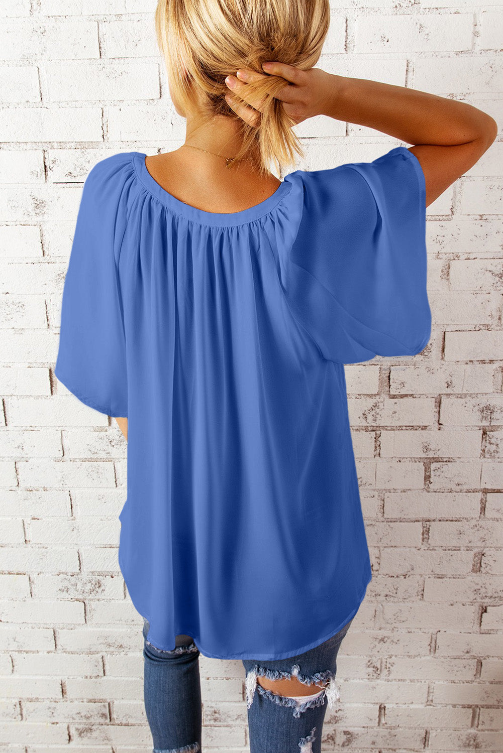 Blue Split Neck Pleated Loose Blouse