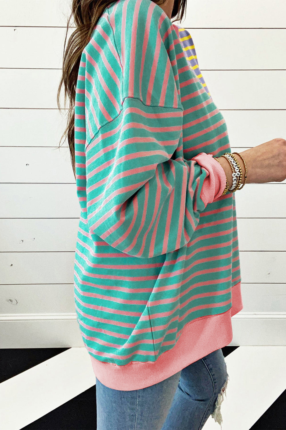 Casual Stripe Colorblock Drop Shoulder Oversize Sweatshirt