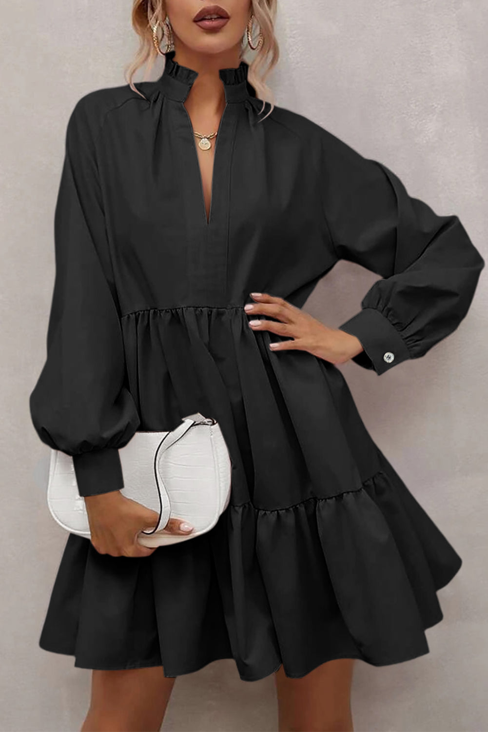 Black Frilled Stand Collar Long Sleeve Ruffle Dress