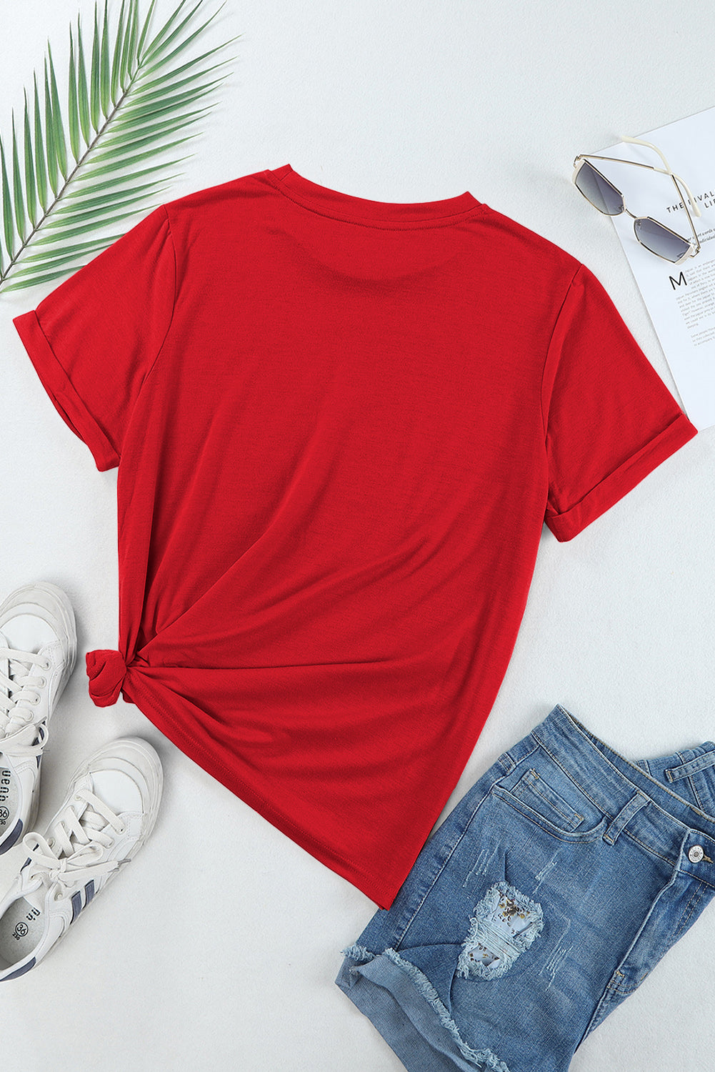 Red Casual Plain Crew Neck Tee