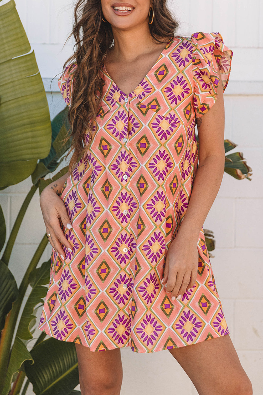 Orange Geometric Floral V Neck Buttoned Ruffled Sleeve Mini Dress