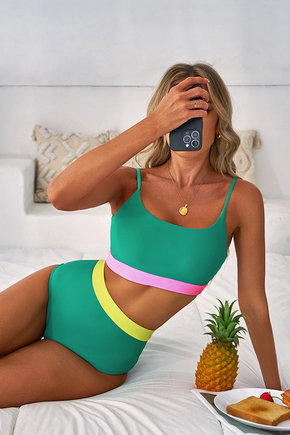 Sea Green Contrast Trim Colorblock Patchwork High Waisted Bikini