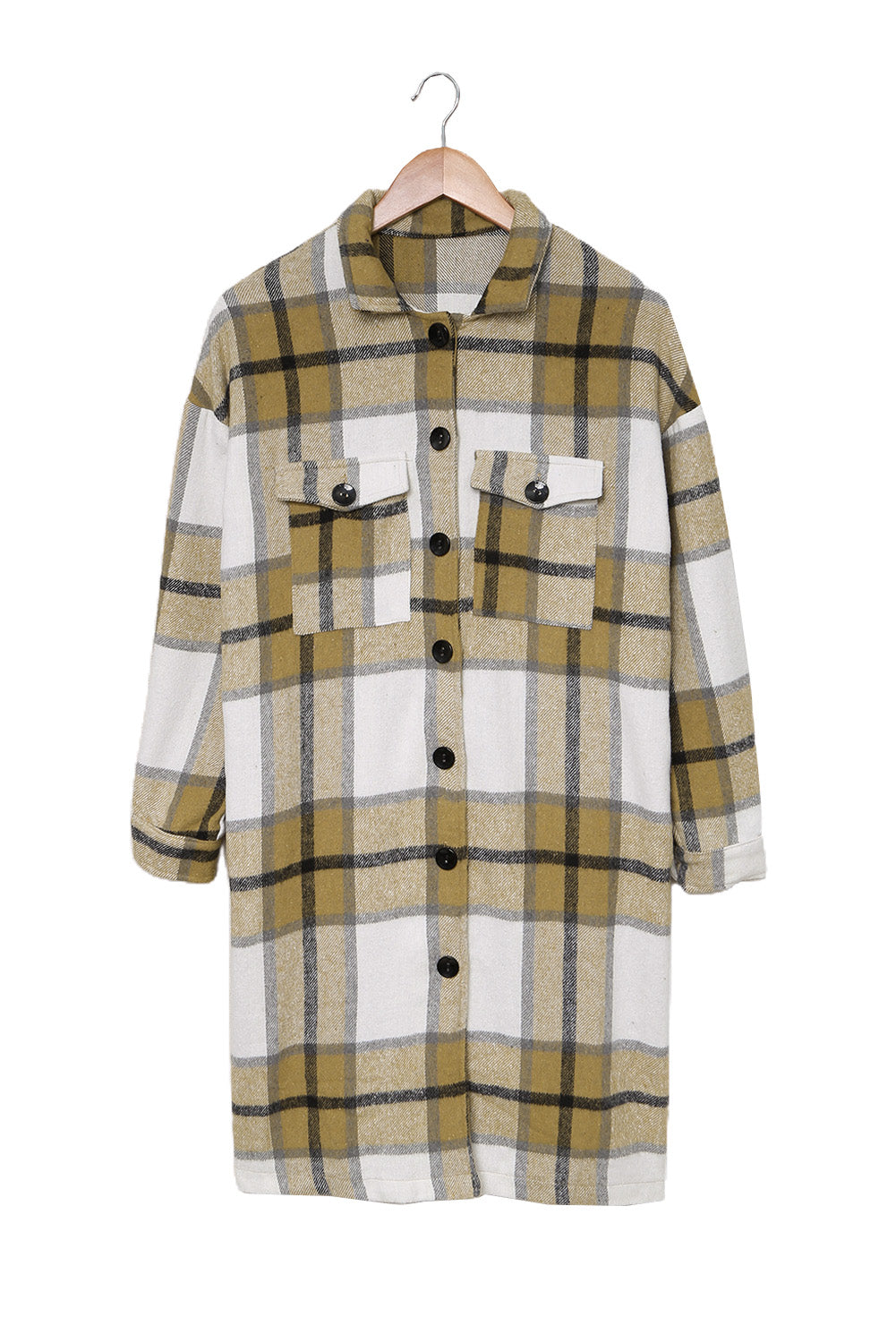 Khaki Shirt Collar Button Closure Plaid Coat