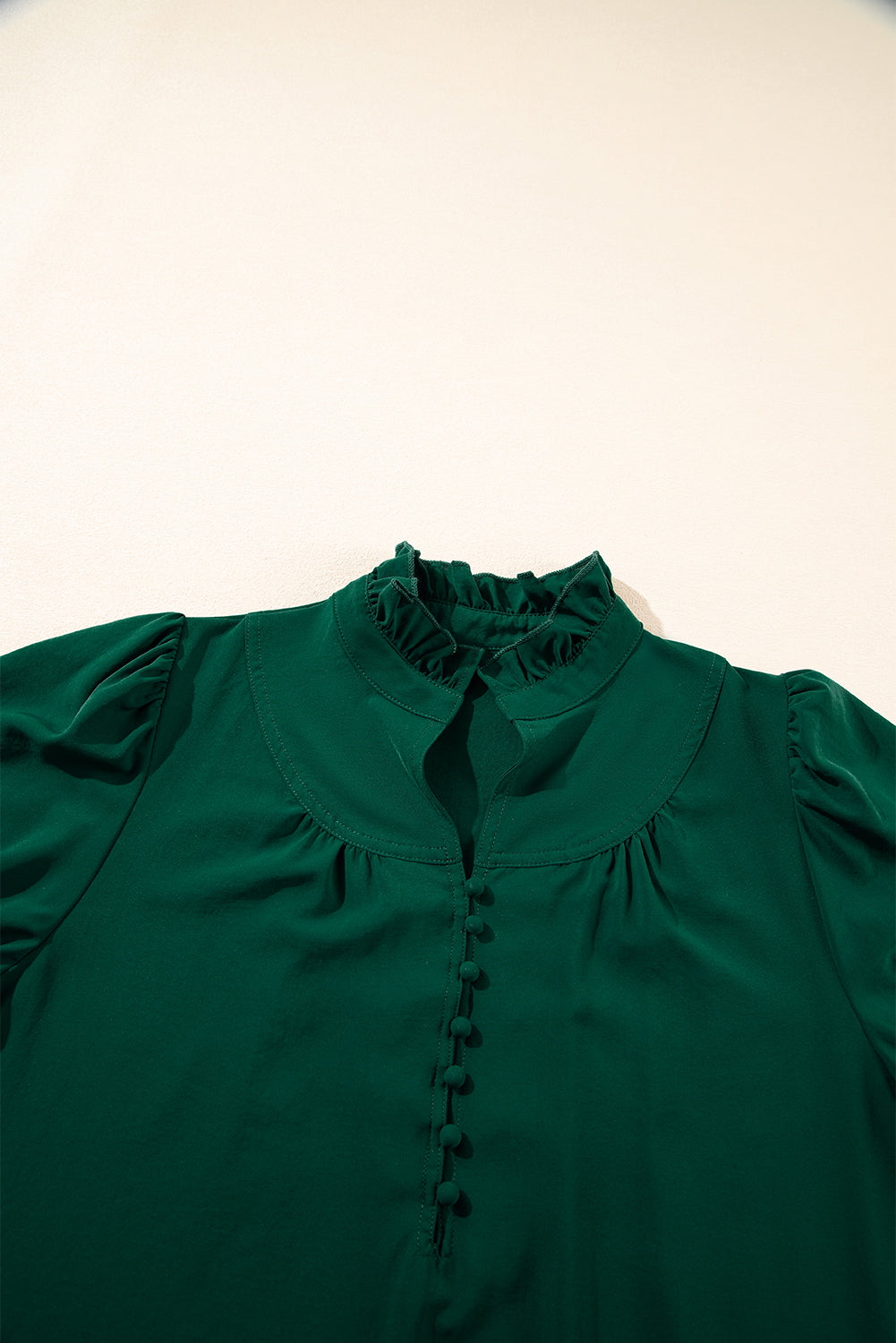 Blackish Green Solid Puff Sleeve Frilled Trim Elegant Blouse