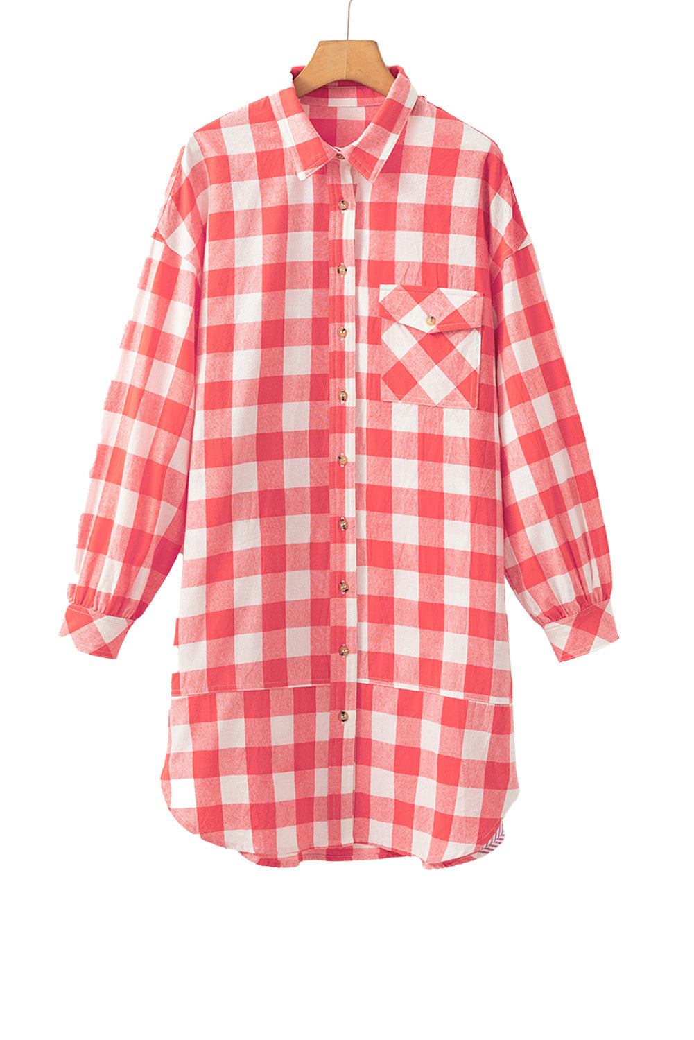 Pink Oversized Plaid Puff Sleeve Round Hem Shirt Dress