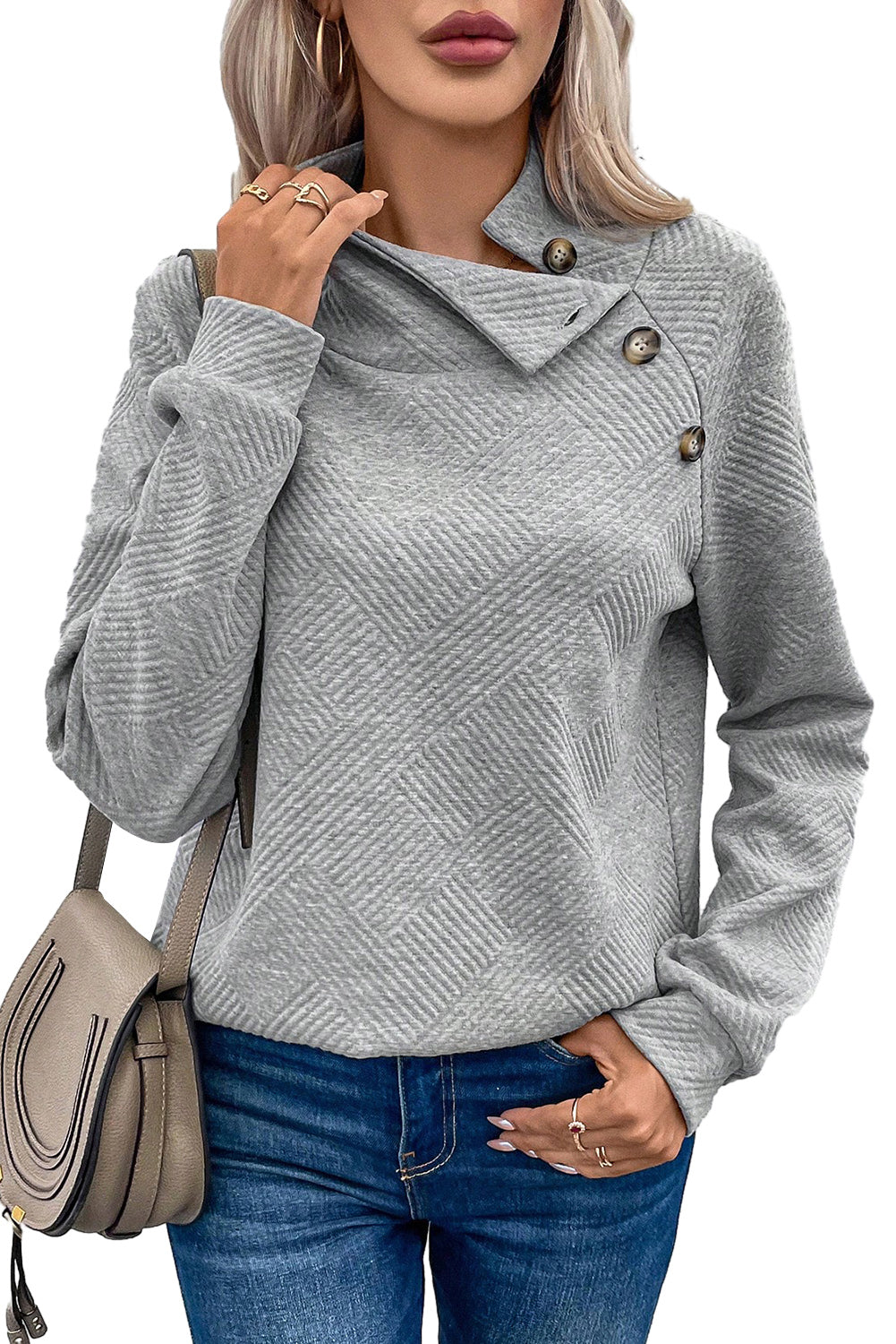 Gray Asymmetric Buttons Detail High Neck Textured Sweatshirt