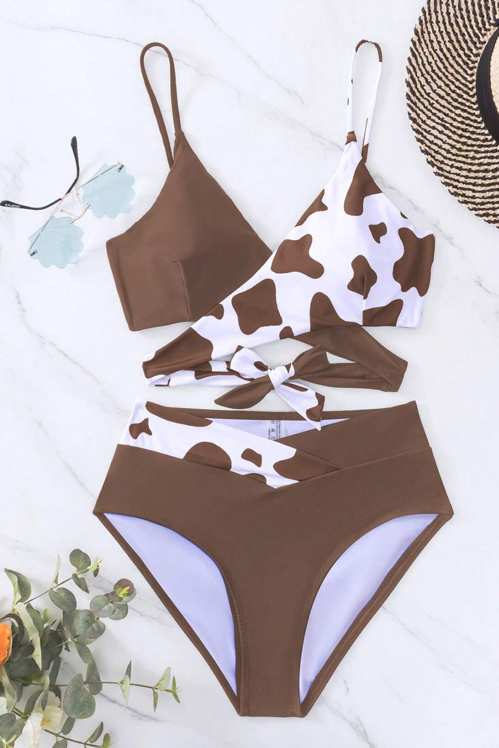 Coffee Contrast Cow Pattern Crossed Bikini