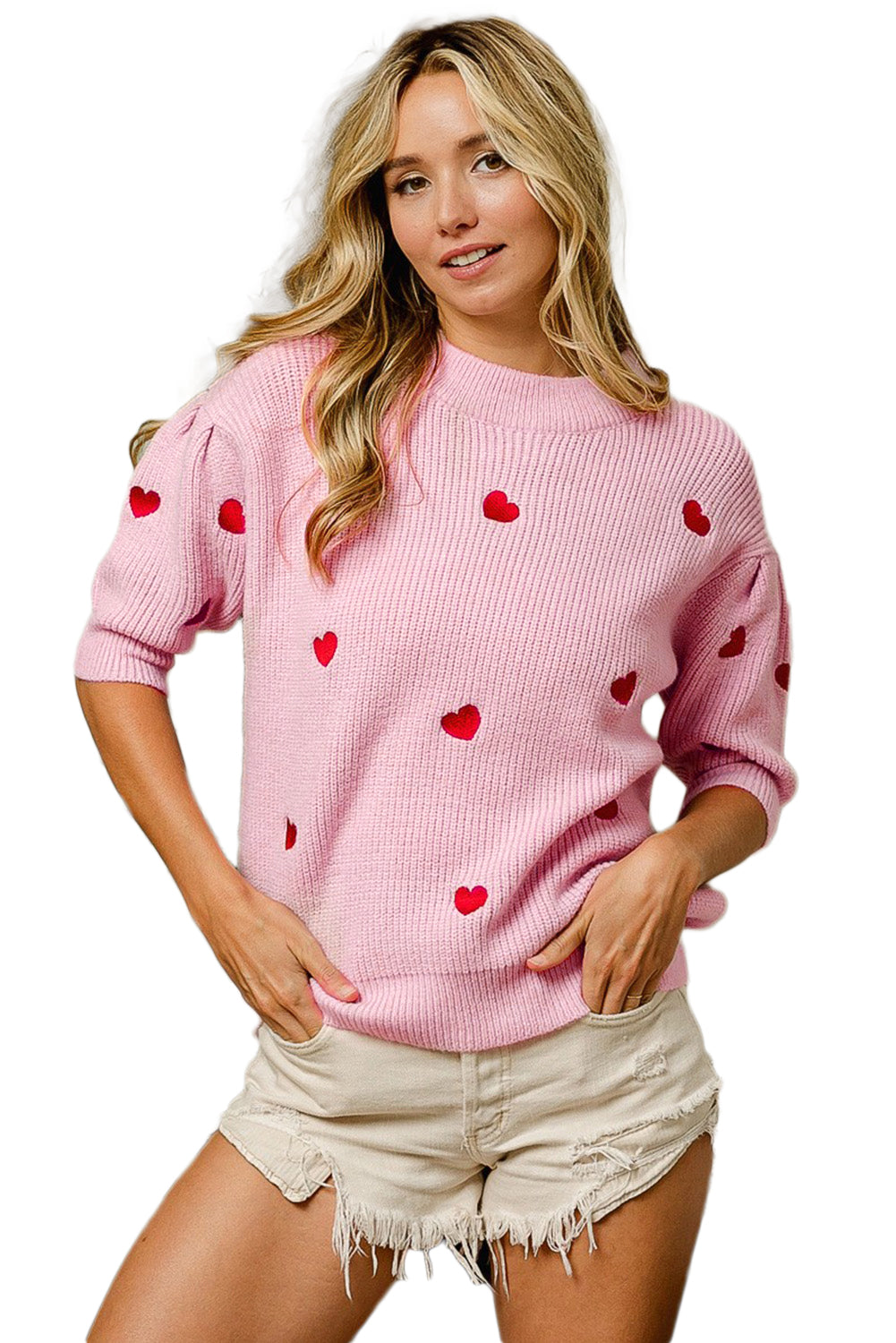 Pink Valentines Heart Pattern Half Sleeve Sweater