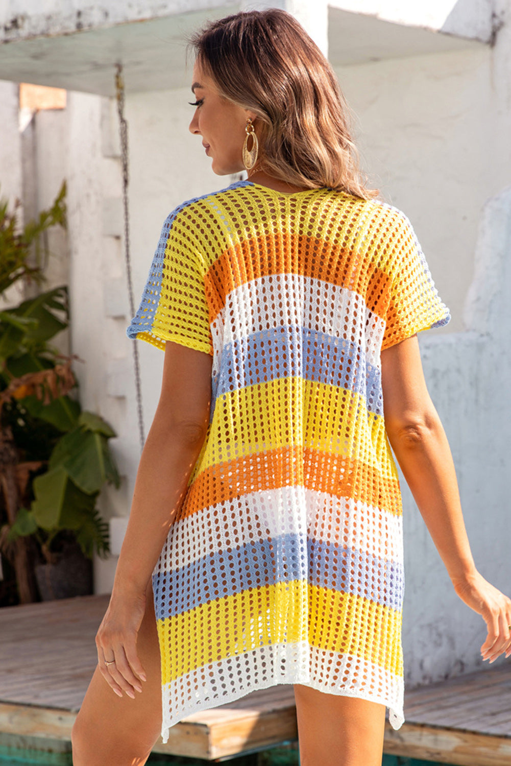 Yellow Striped Hollow Out Knit V Neck Tunic Cover Up