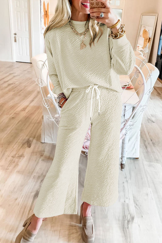 White Textured Long Sleeve Top Drawstring Pants Set