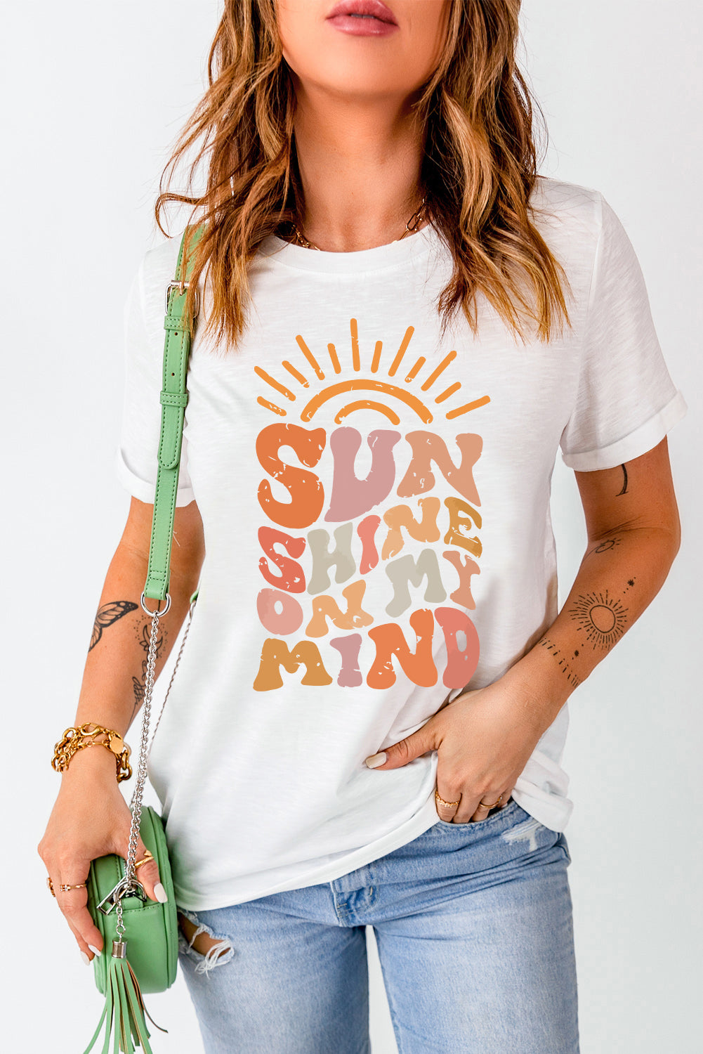 White Sun Shine On My Mind Crew Neck Graphic Tee