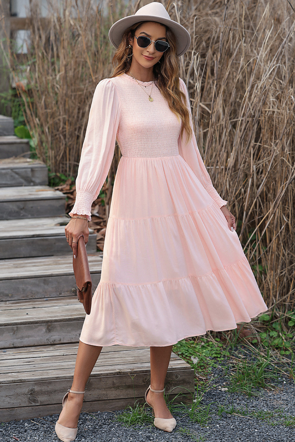 Smocked Bubble Sleeve Ruffle Tiered Midi Dress